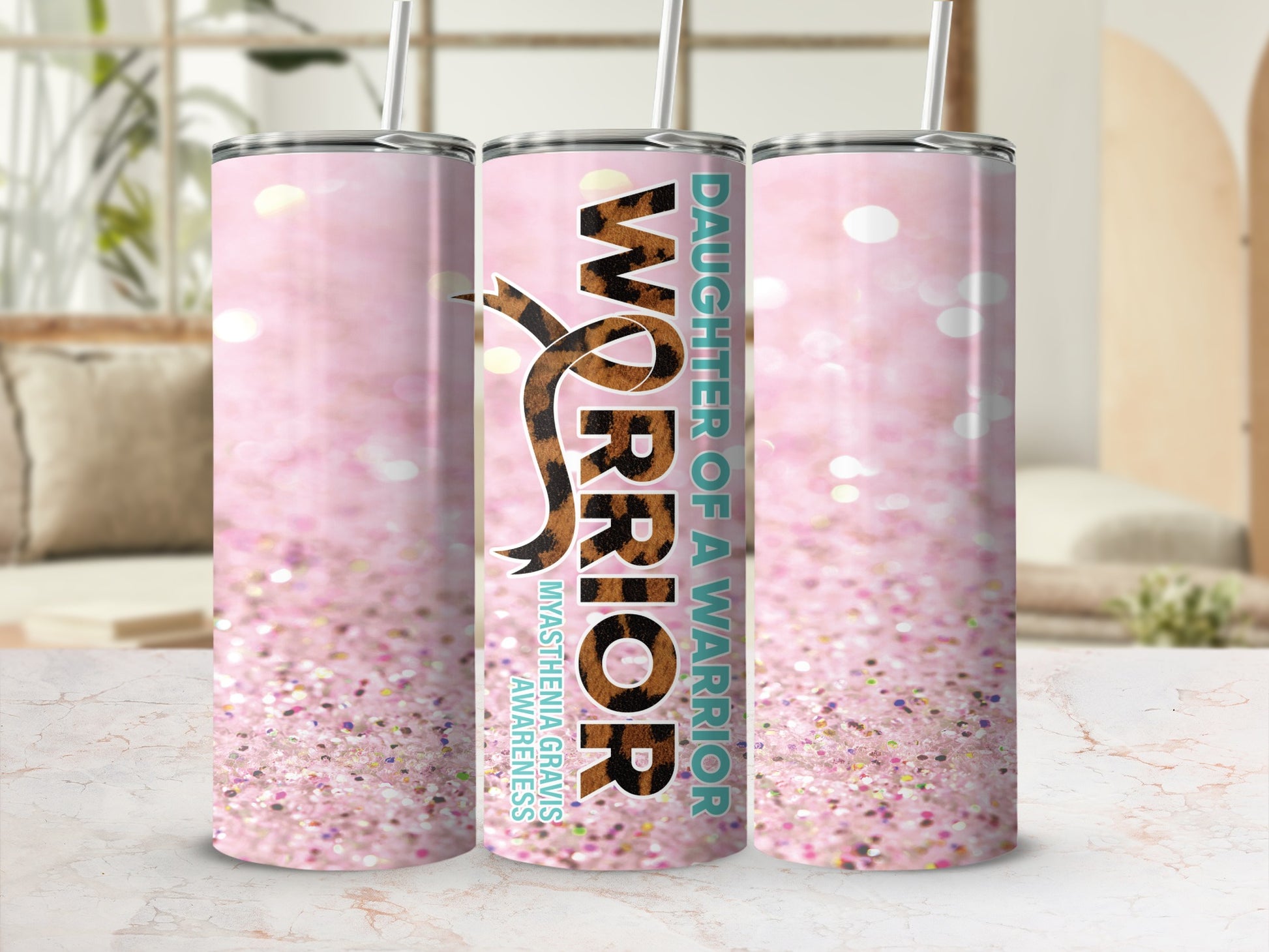 Pink glitter tumbler with "Daughter of a Warrior" text.