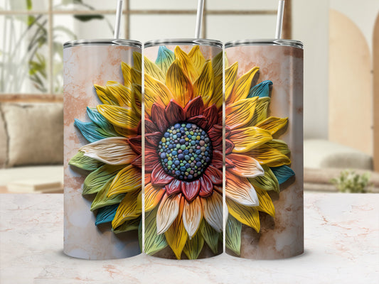 Three tumblers featuring a raised sunflower design with colorful petals.