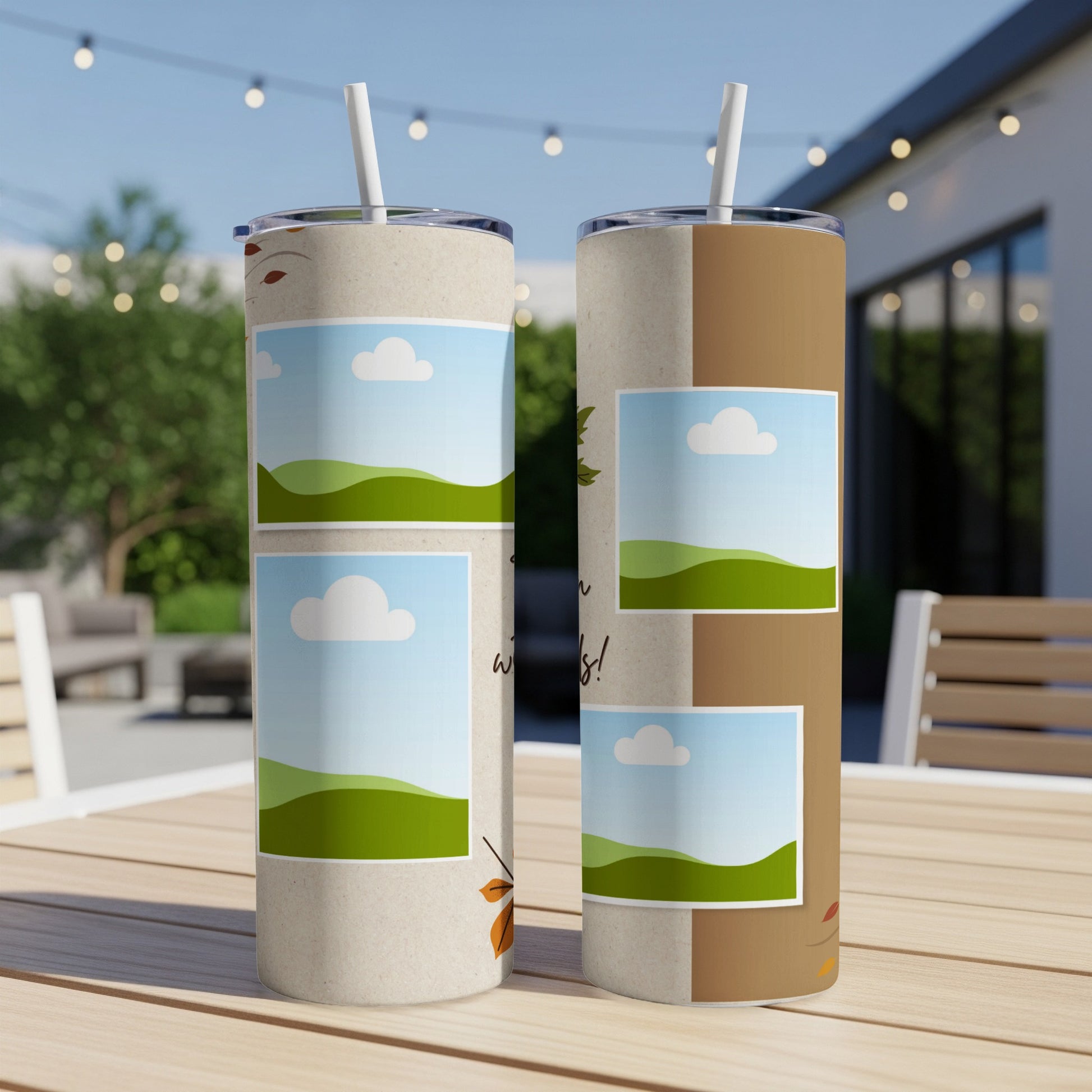 Two tumblers with photo placeholders and autumn leaf accents on a wooden table.
