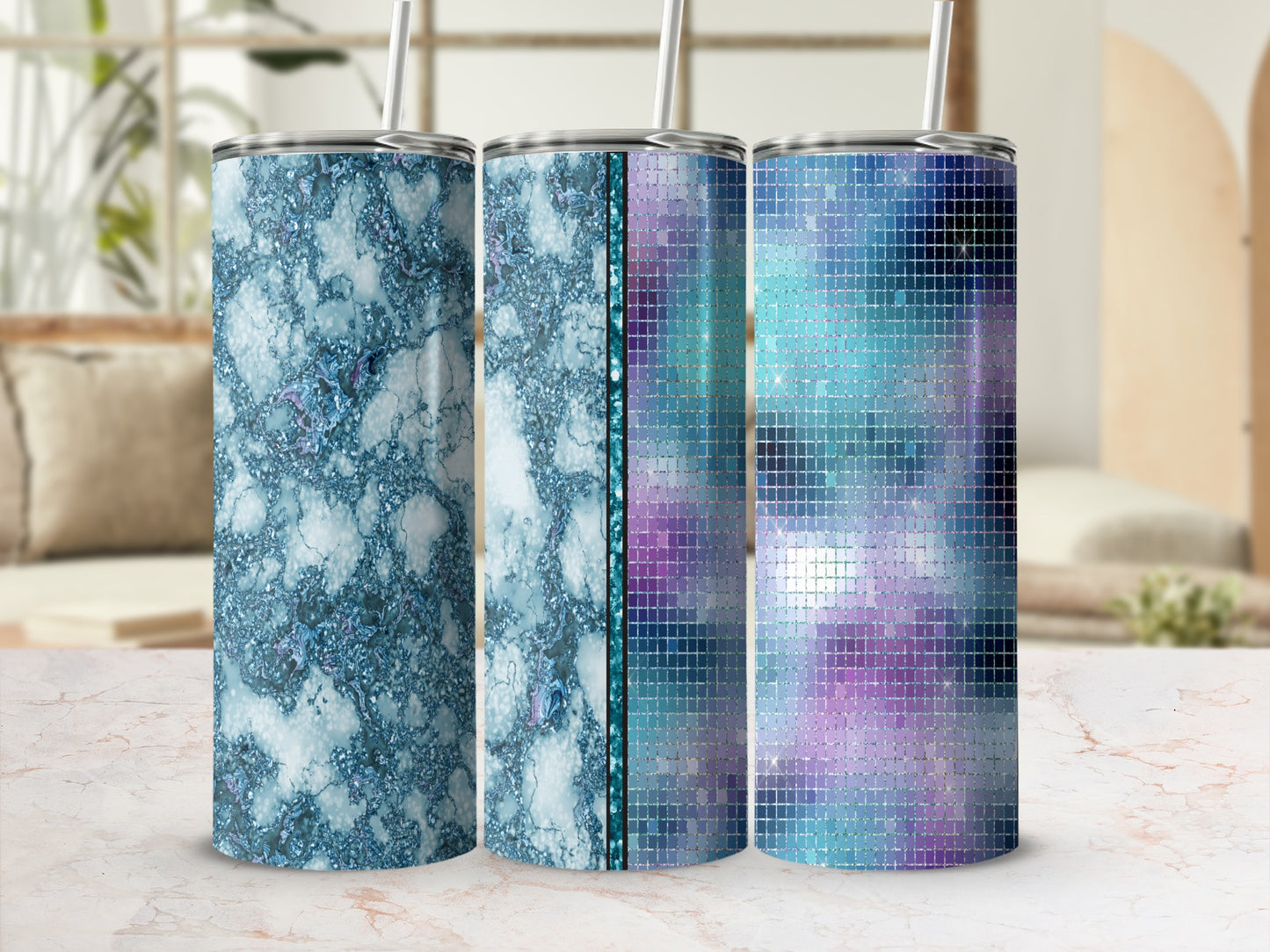 Three tumblers with abstract blue and purple mosaic designs.
