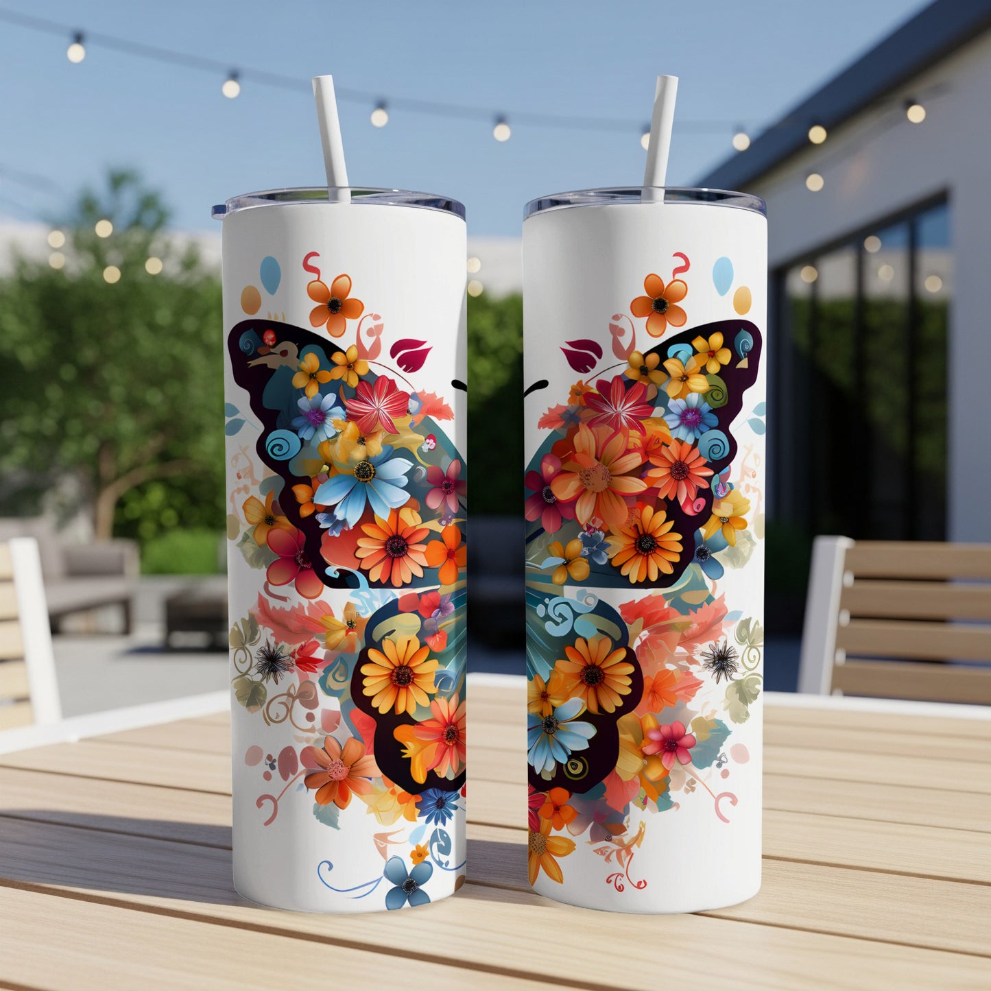 Two white tumblers with a colorful butterfly design sit on a wooden table.
