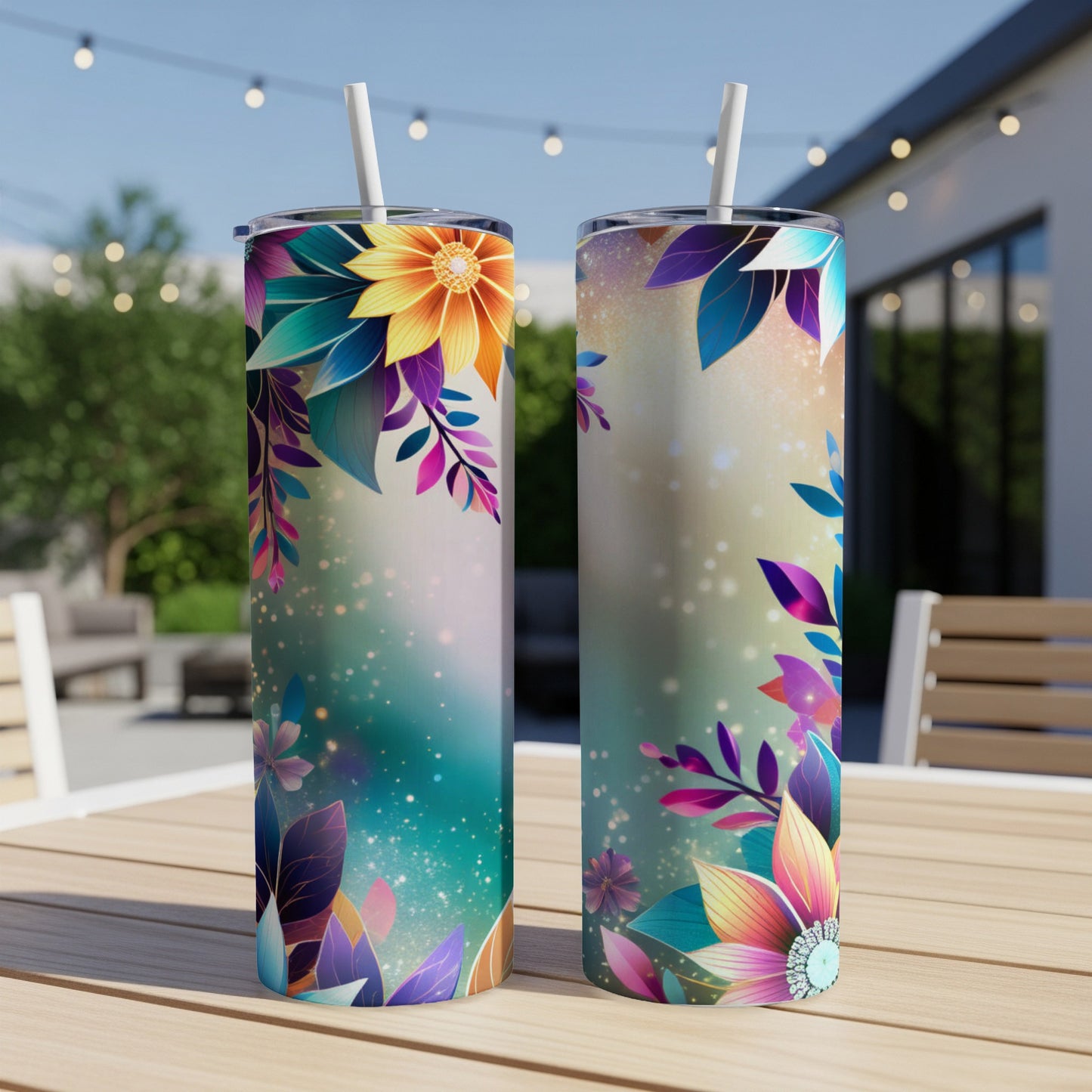 Two tall tumblers with floral and leaf pattern on outdoor table.