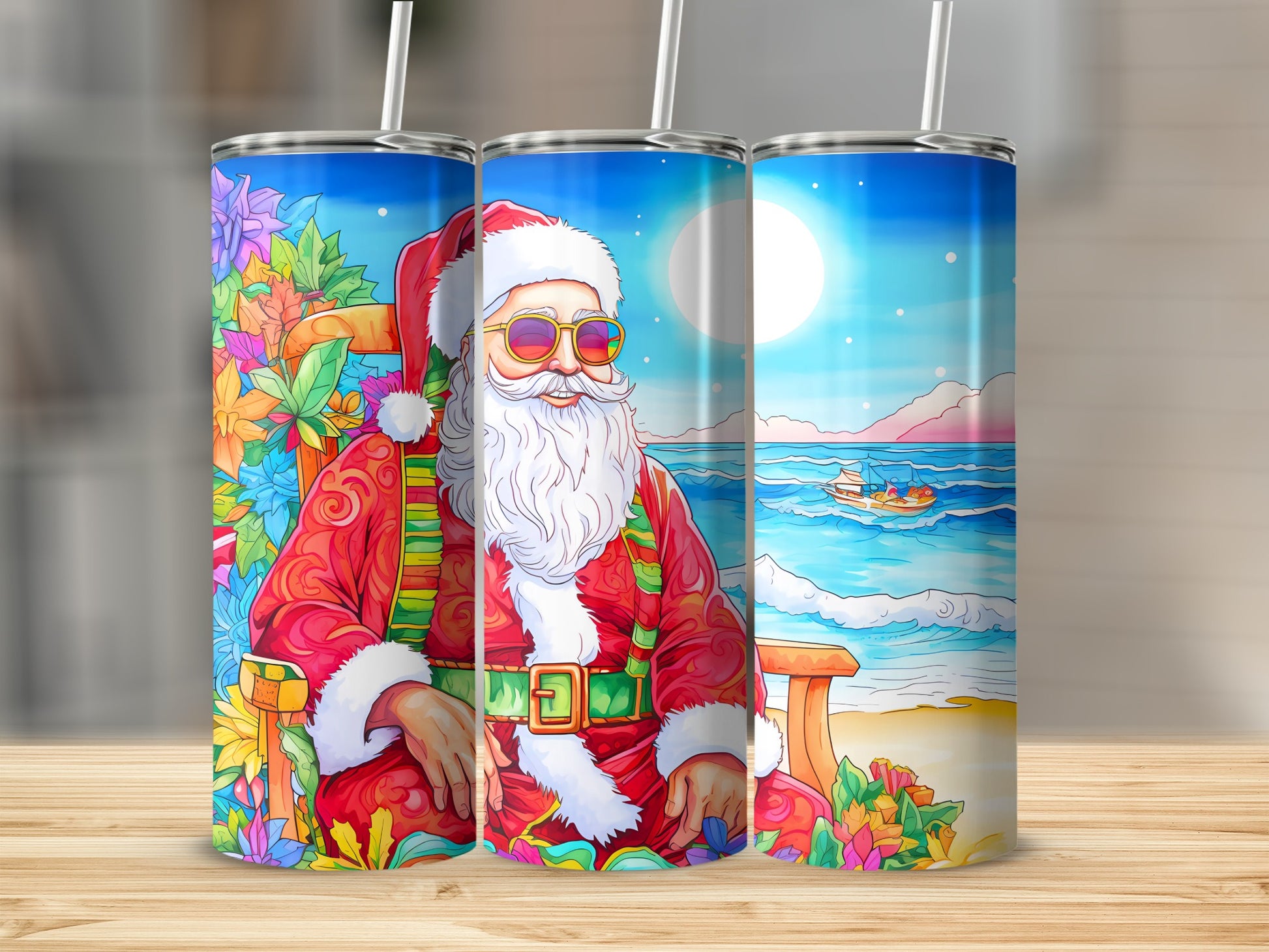 Santa on Beach Holiday Summer Scene Tumbler Cup