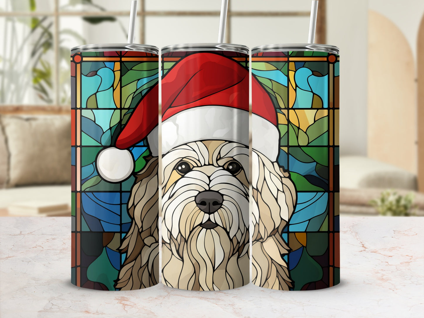Stained glass dog in Santa hat, Christmas design on tumbler.