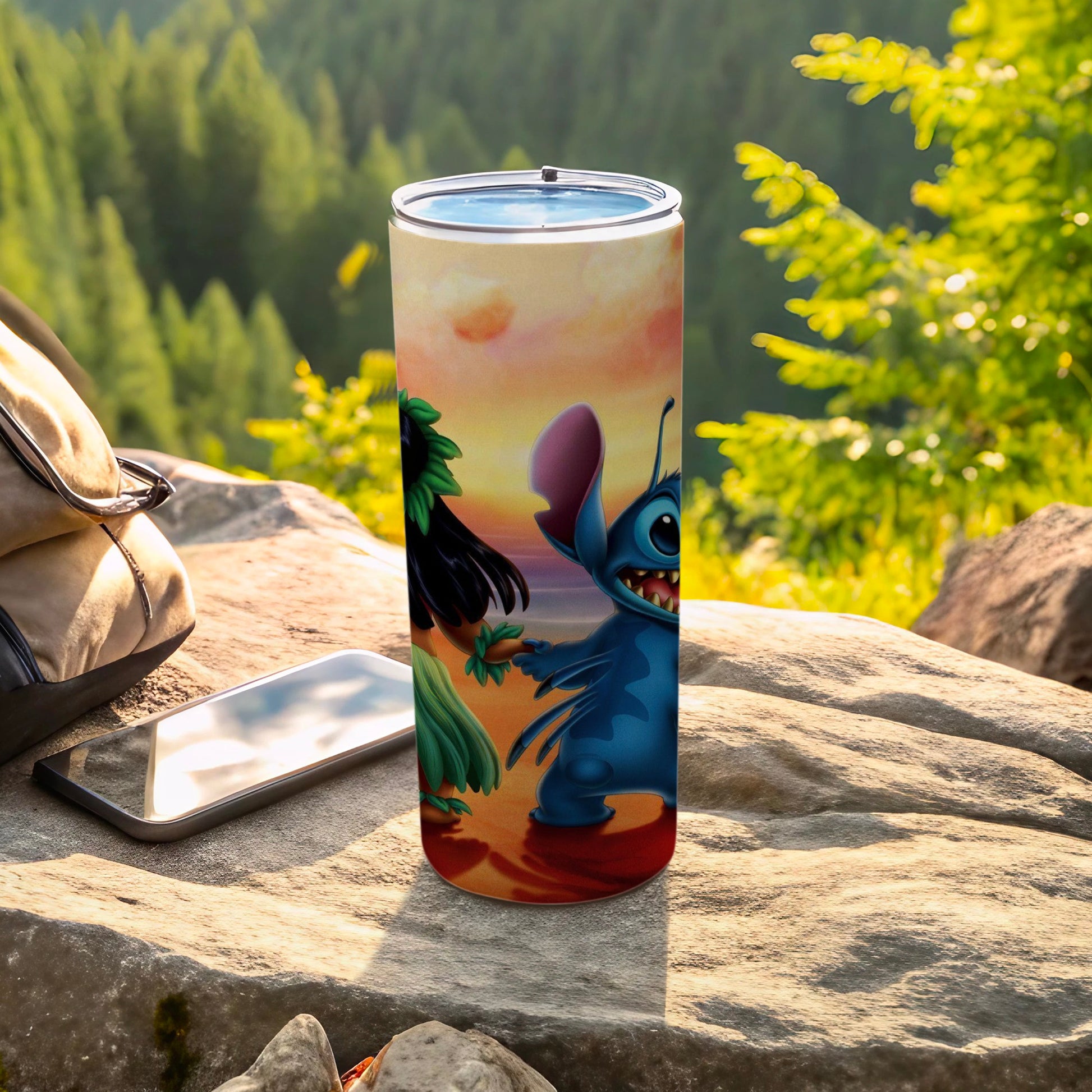 Tropical Sunset with Cute Alien Cartoon Tumbler