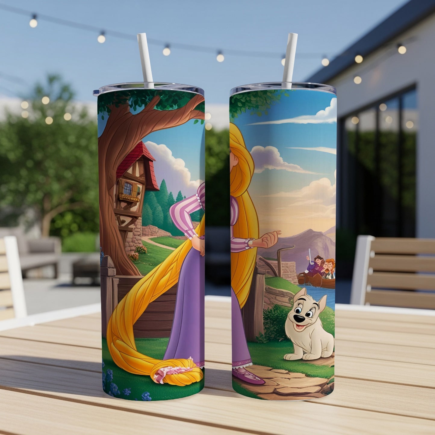 Rapunzel and Pascal tumbler with illustration of the tower and countryside.