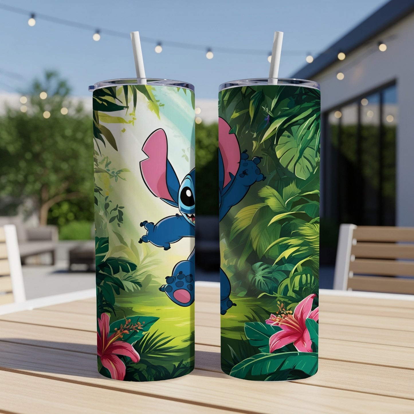 Two tumblers with Stitch jumping through a lush jungle with pink flowers.