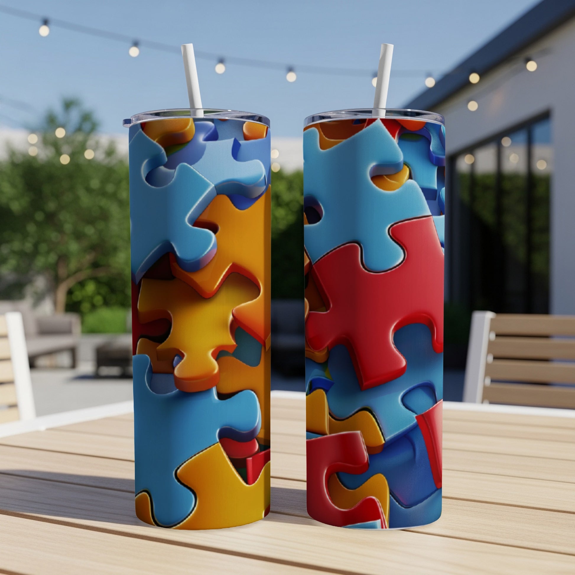 Two tall tumblers with puzzle piece patterns in blue, red, and orange.