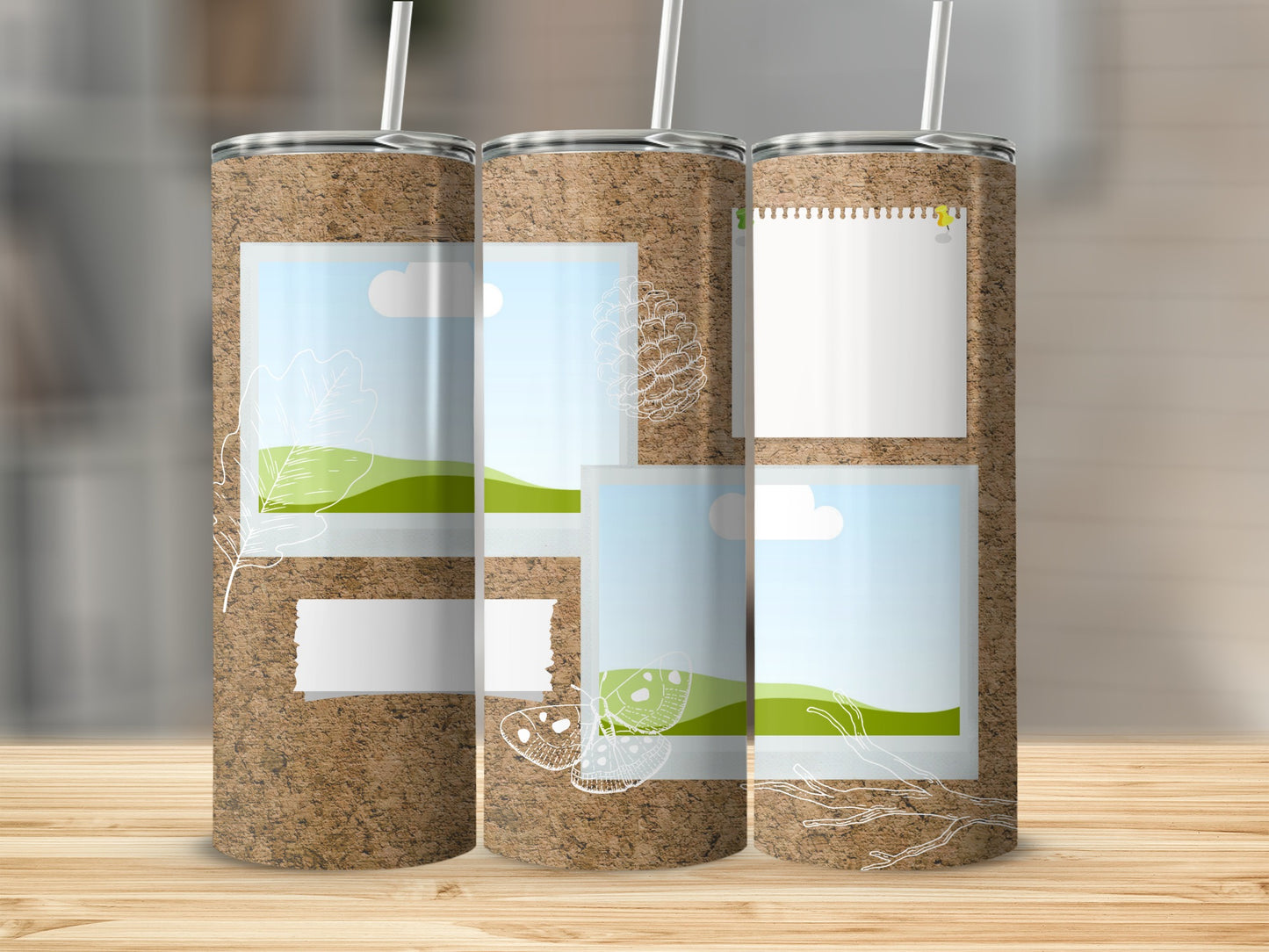 Three tumblers with cork texture, featuring collage of photos and nature sketches.
