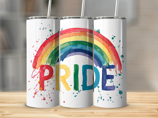 Three tumblers with rainbow stripes and "Pride" text.