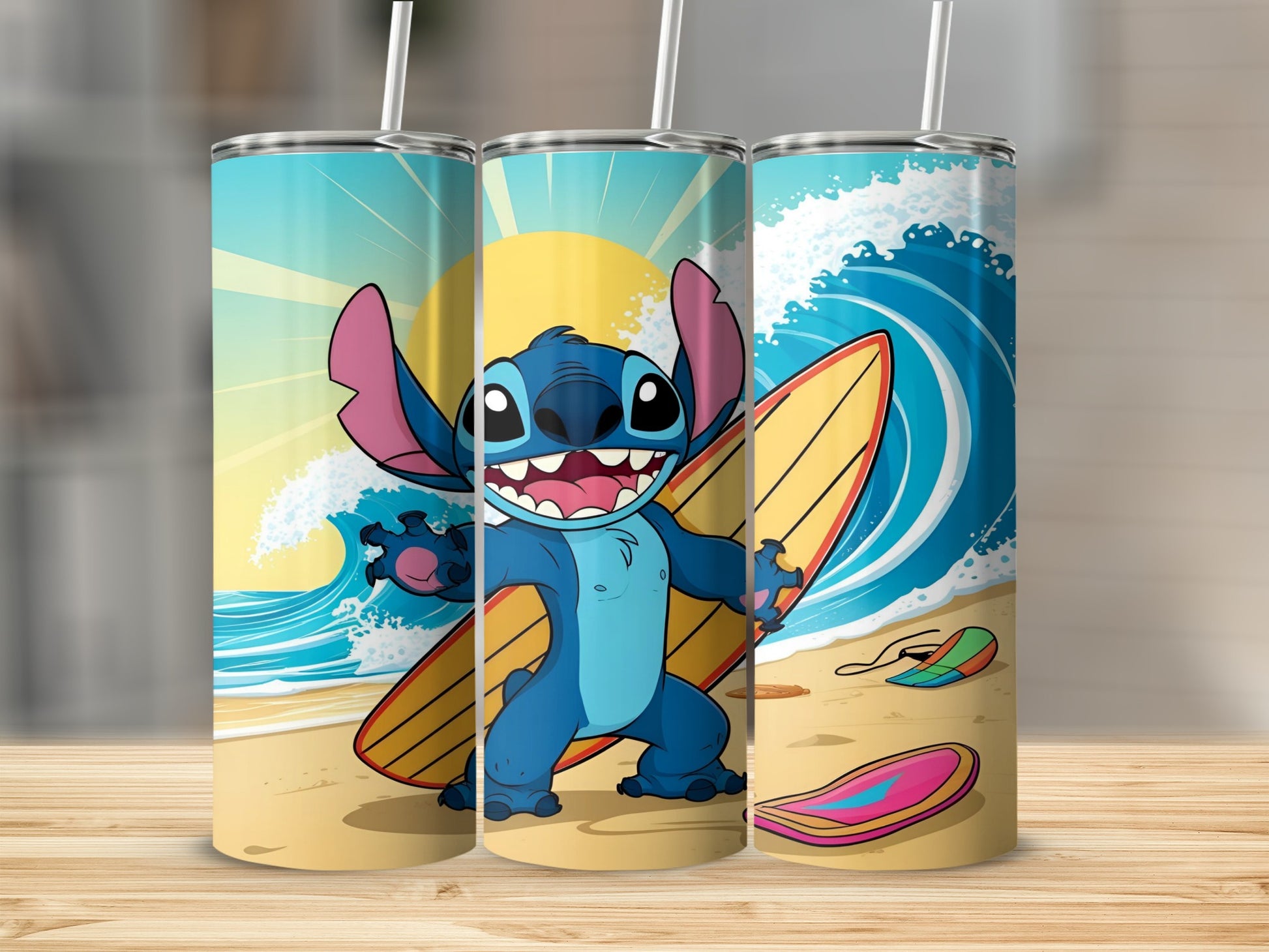 Stitch character surfing on a surfboard at the beach with waves.