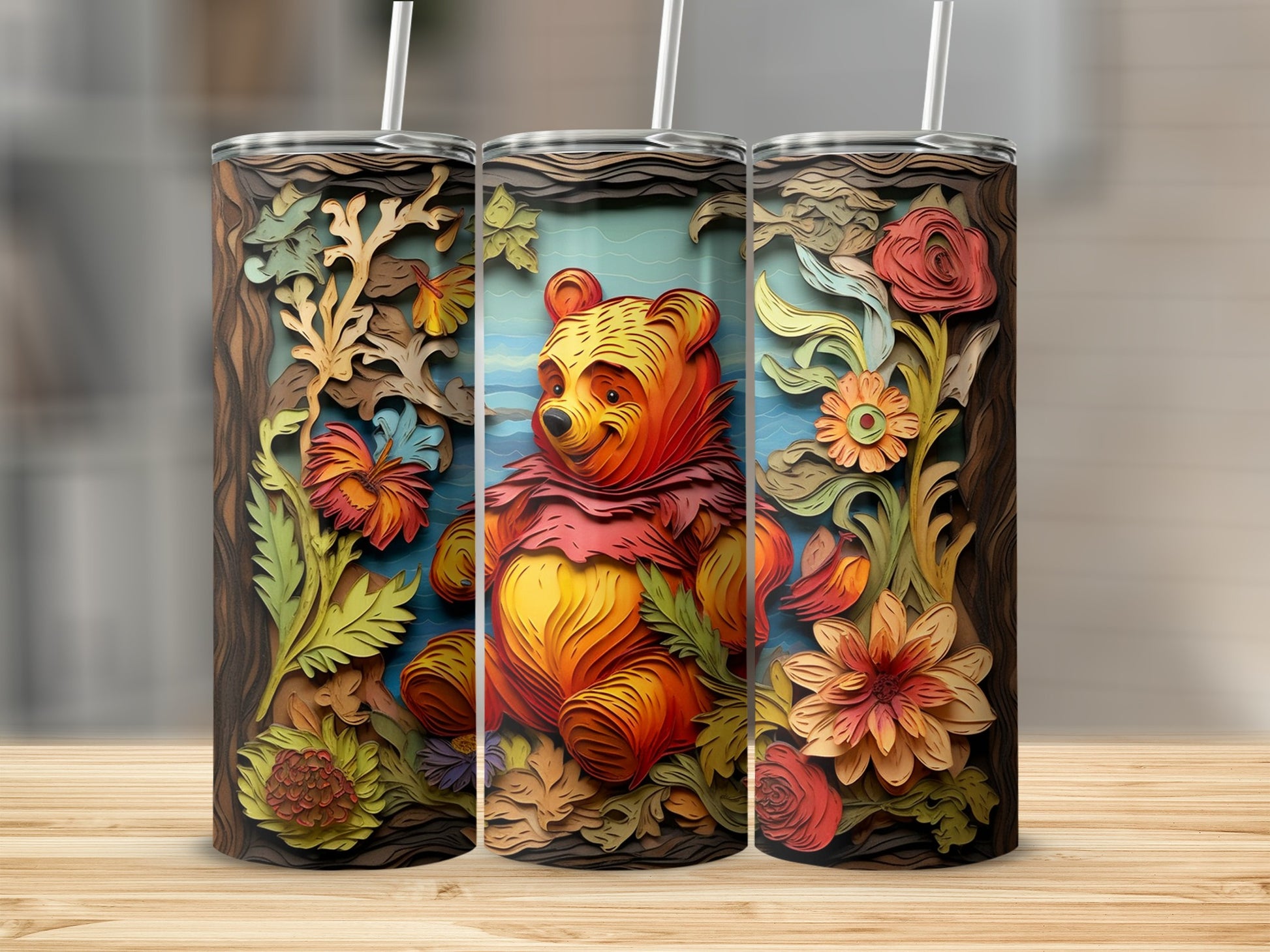 Colorful Carved Bear Design Tumbler with Straw