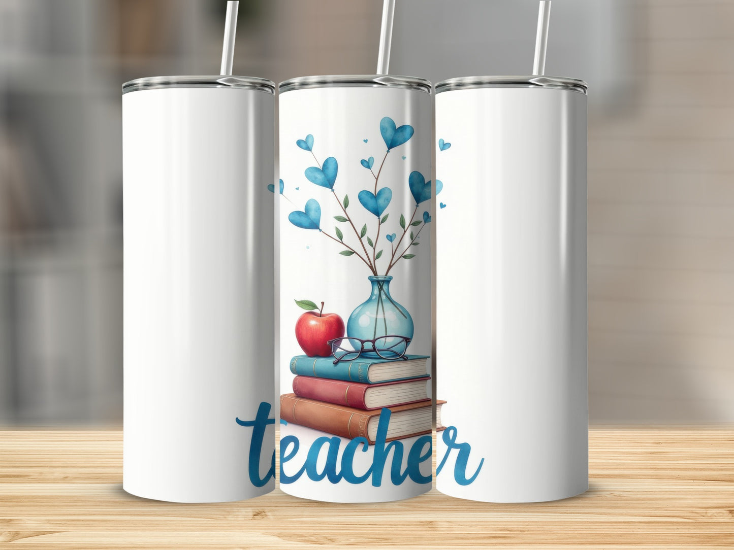 Stack of books with apple, glasses, and blue heart vase.