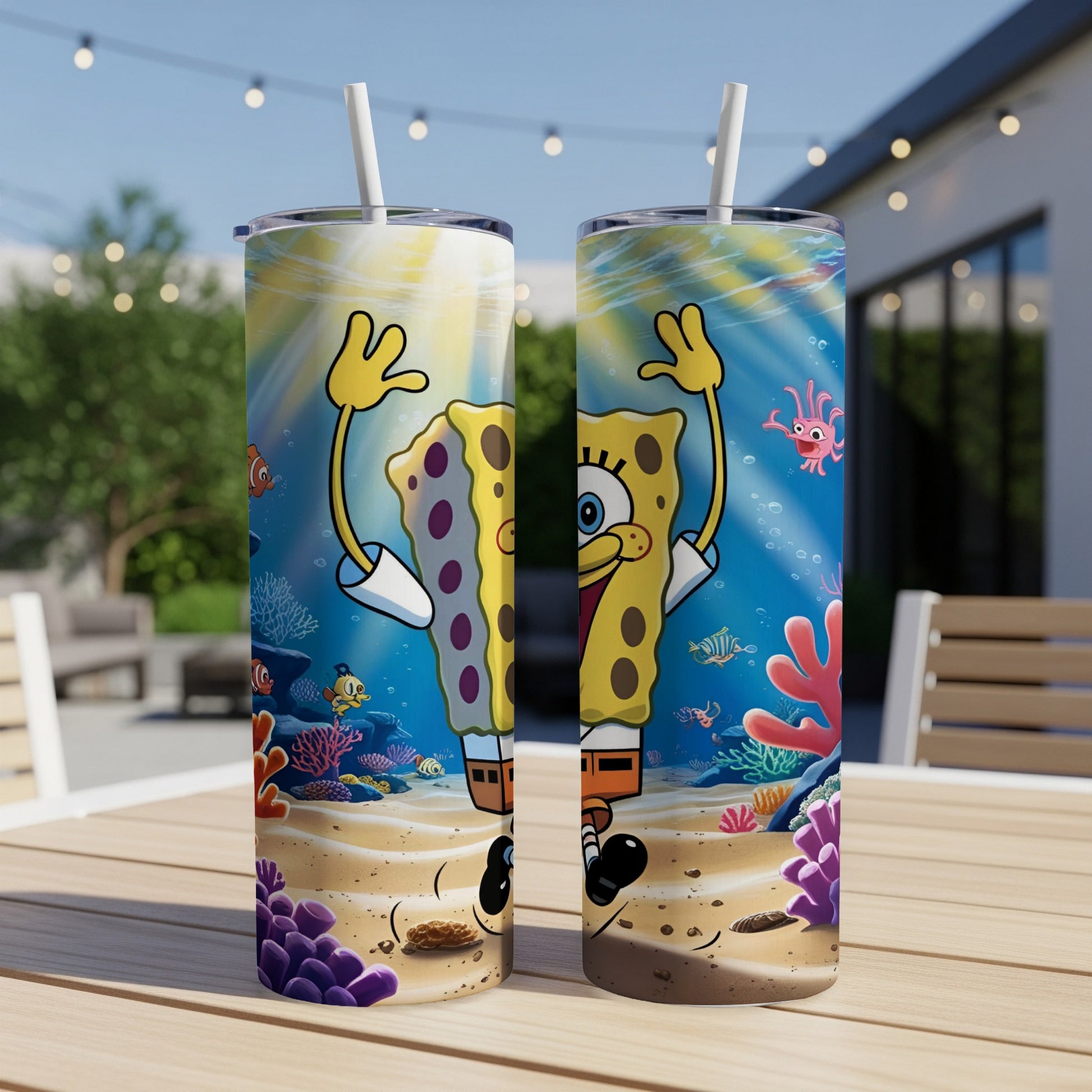 SpongeBob SquarePants character on a skinny tumbler with a coral reef background.