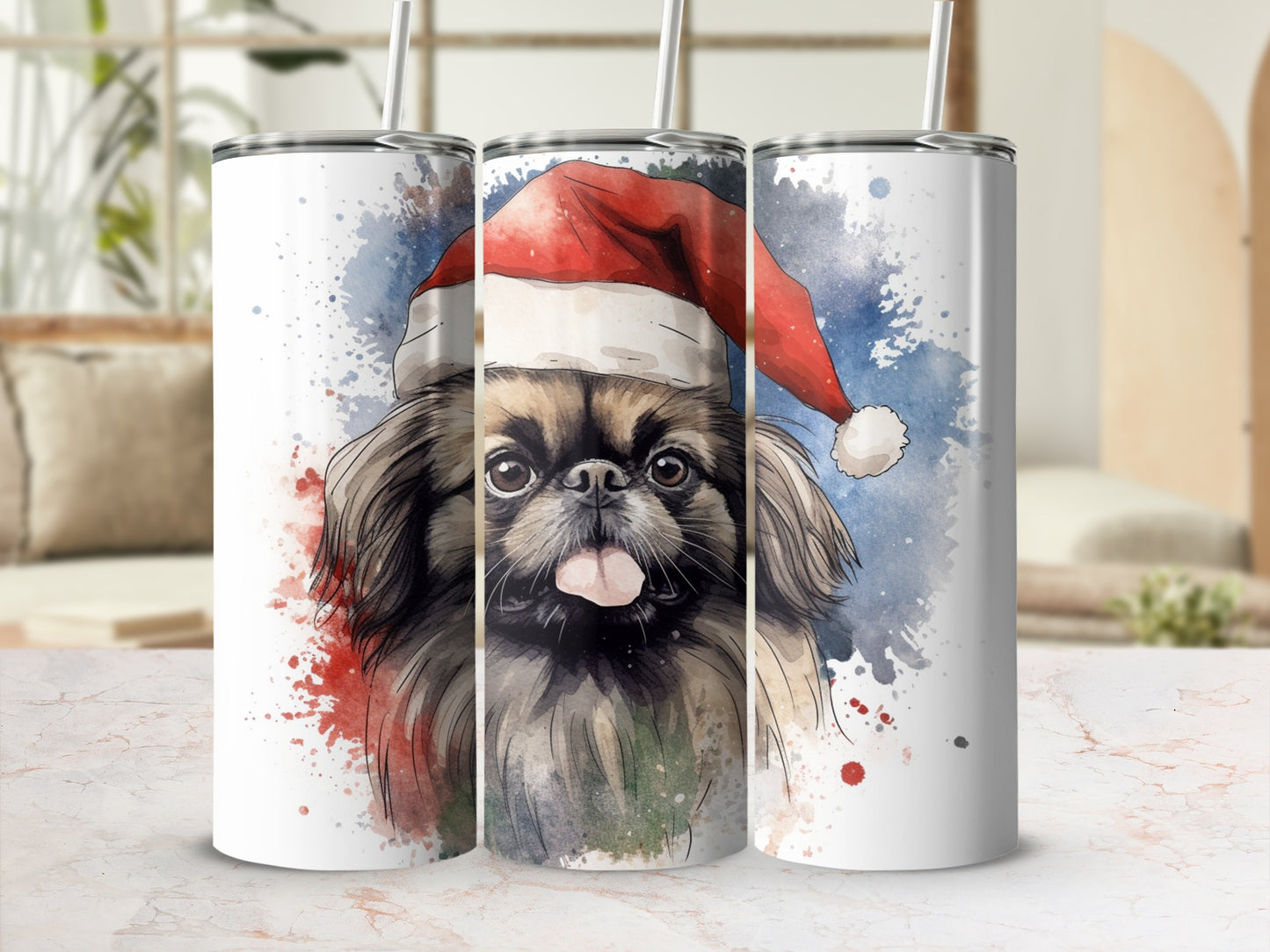 Christmas Pekingese dog wearing Santa hat, watercolor art design on tumbler.