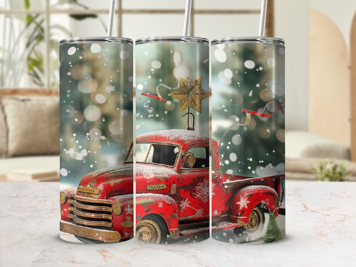 Red vintage truck with snowflakes and Christmas decorations.
