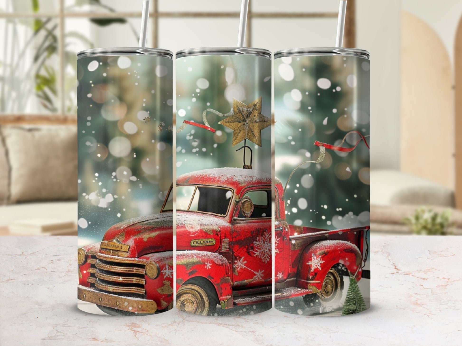 Red vintage truck with snowflakes and Christmas decorations.