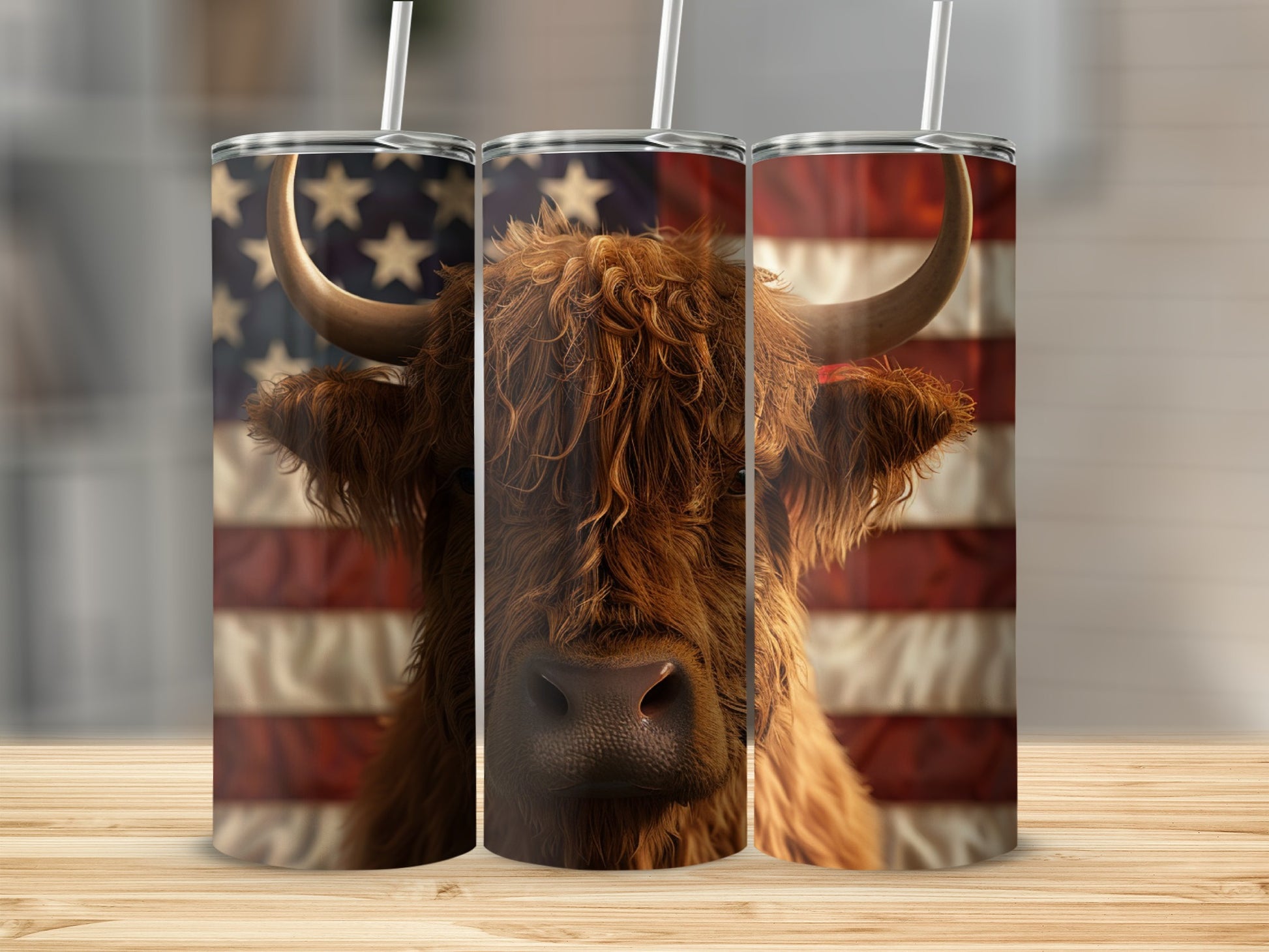 Three tumblers featuring a Highland cow against an American flag.