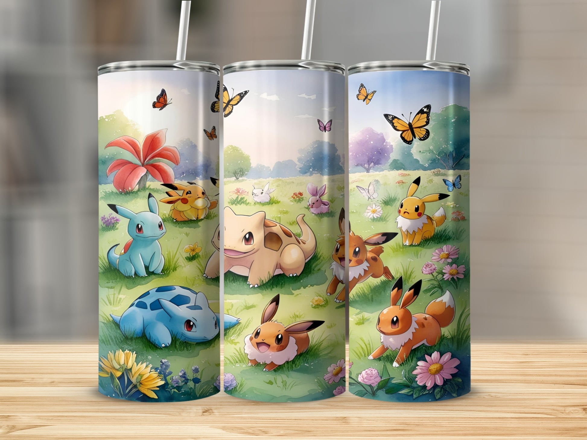 Pokemon characters Eevee, Pikachu, Squirtle, and Bulbasaur in a grassy meadow.
