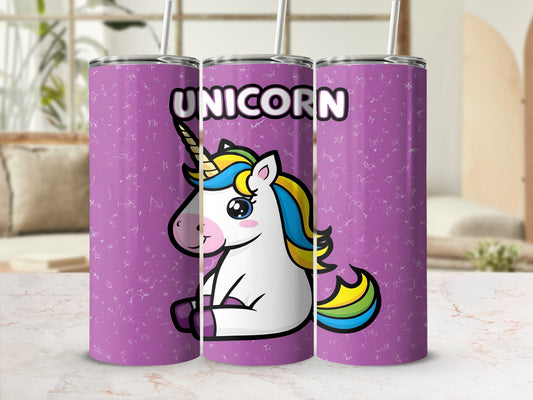 Purple tumbler with cartoon unicorn and star pattern.