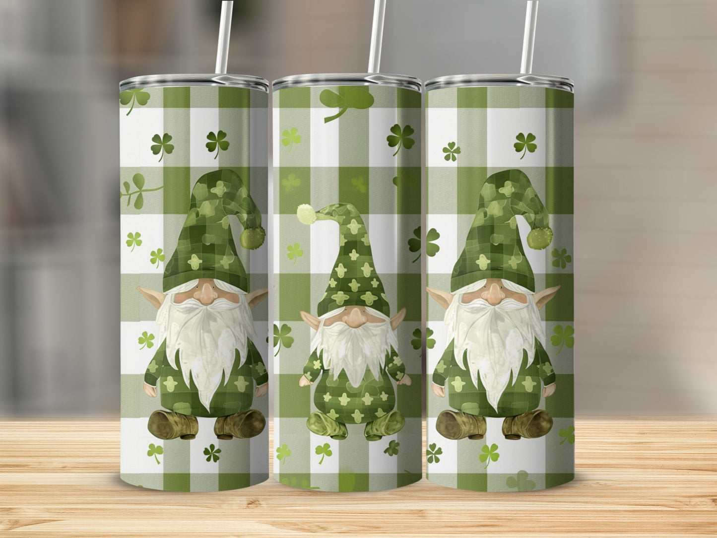Three St. Patrick's Day gnomes with plaid hats and green shamrocks.
