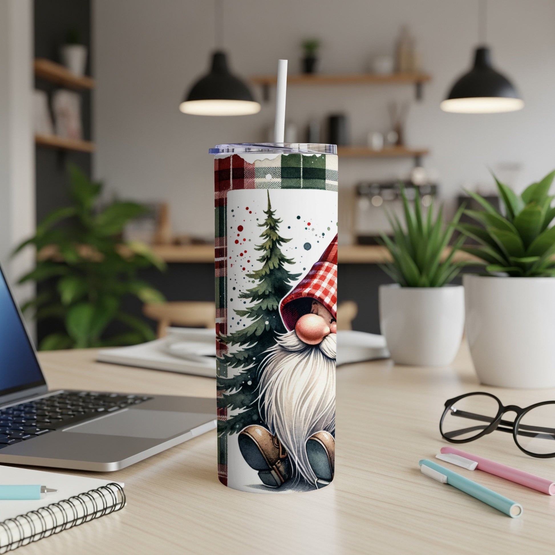 Christmas gnome design on a white tumbler with straw.