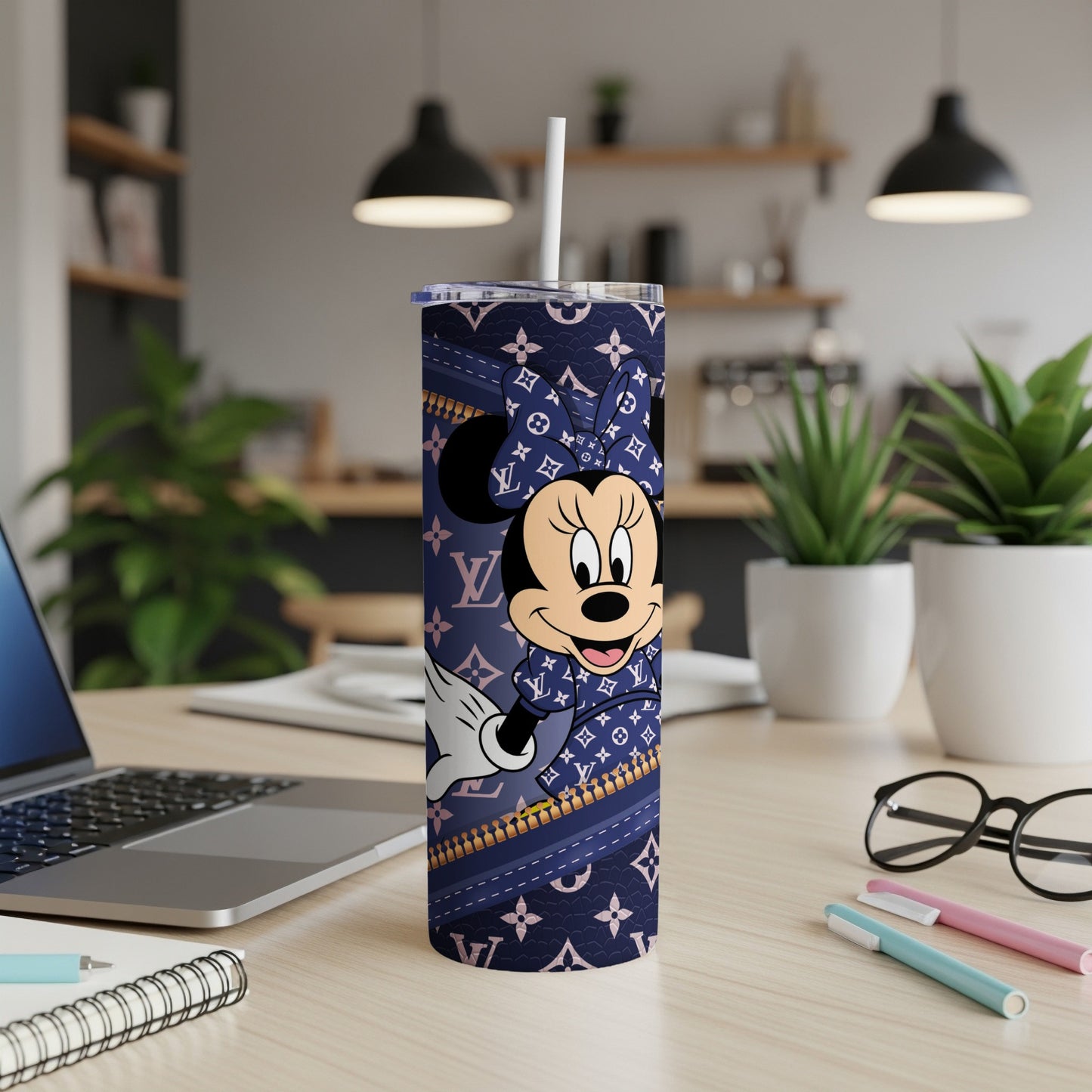 Minnie Mouse tumbler with LV-inspired pattern and straw.