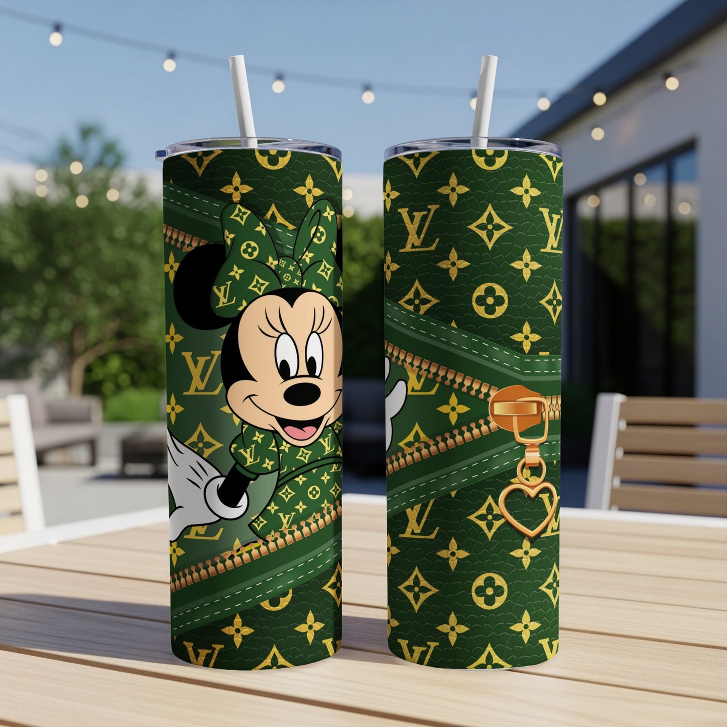 Minnie Mouse on green LV pattern tumbler with gold zipper and heart charm.