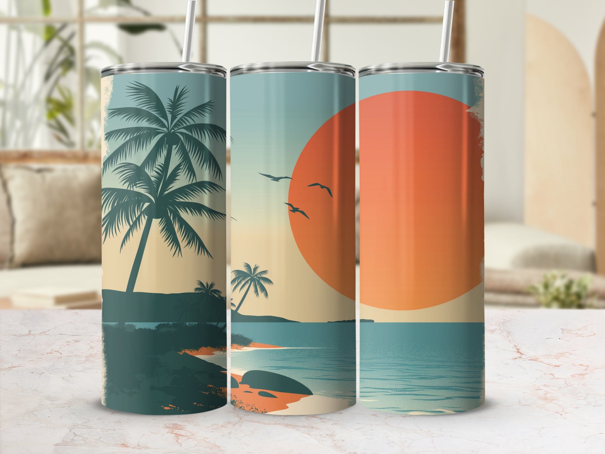 Three tumblers with a tropical sunset beach scene and palm trees.