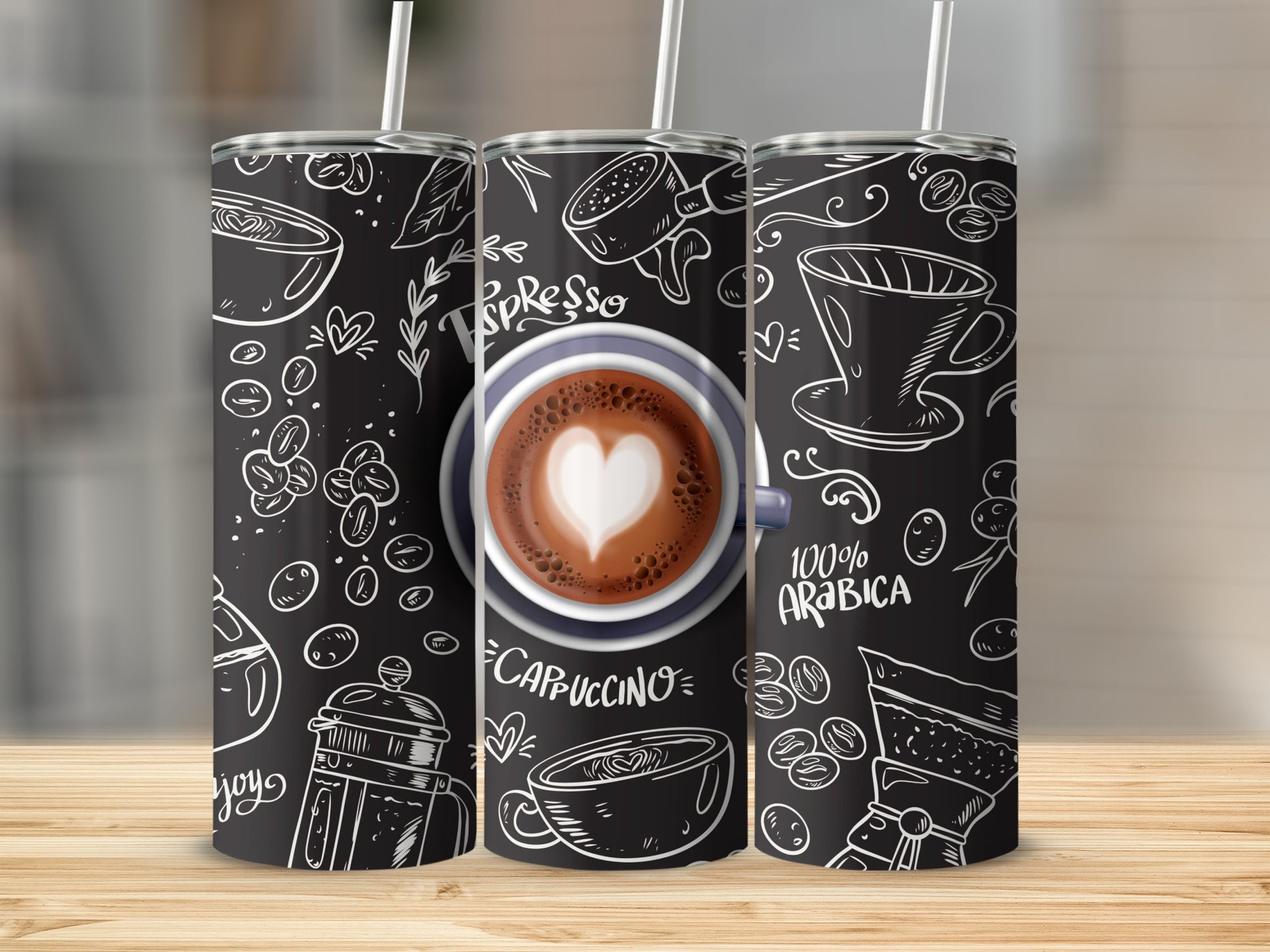 Coffee Lover Design Black Tumbler with Straw and Lid