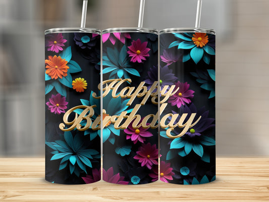 Three tumblers with floral design and "Happy Birthday" text.