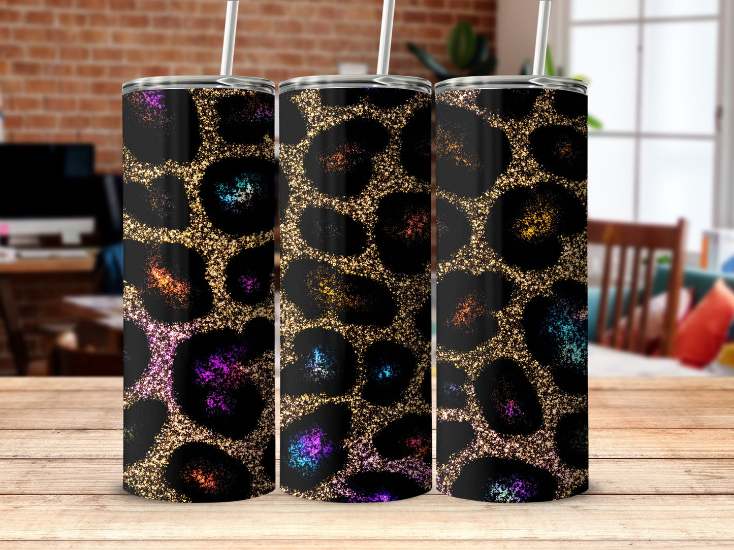 Glitter Leopard Skinny Tumbler with Multicolor Accents