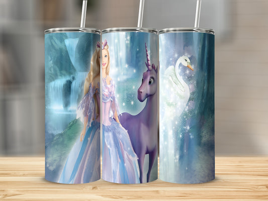 Barbie in a fairy gown with a unicorn and swan on a tumbler.