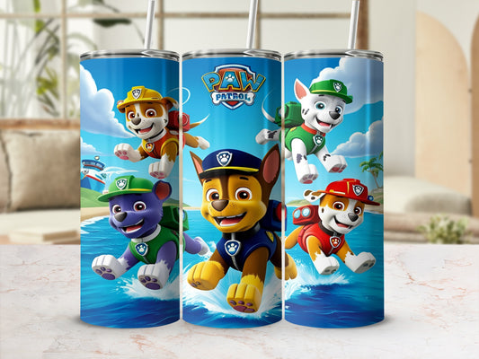 Paw Patrol characters Chase, Marshall, Rubble, and Skye on a blue tumbler.