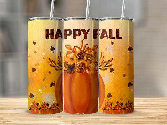 Orange pumpkin with "Happy Fall" text on a yellow, glittery background.