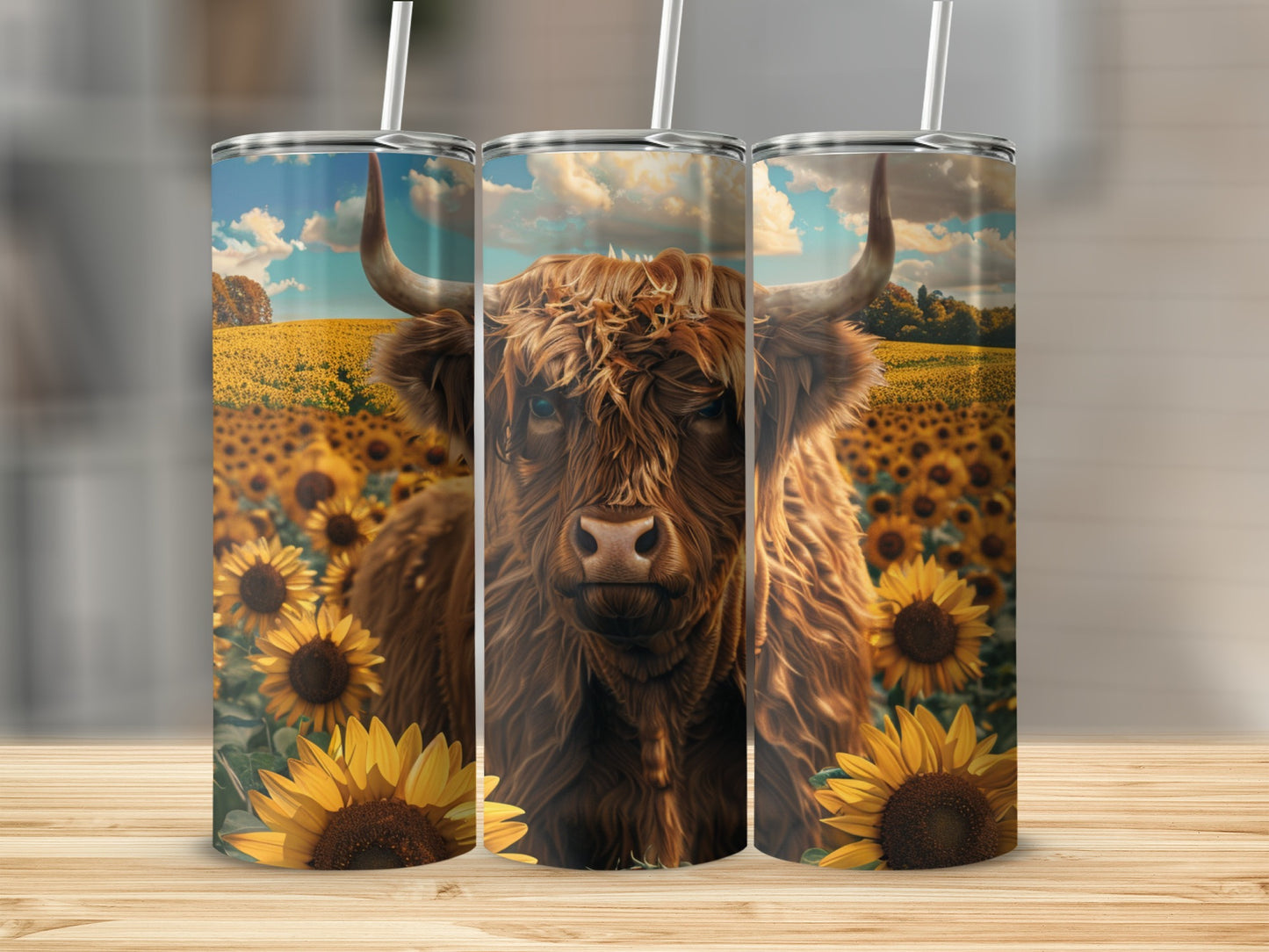 Highland cow with sunflowers on a tumbler.