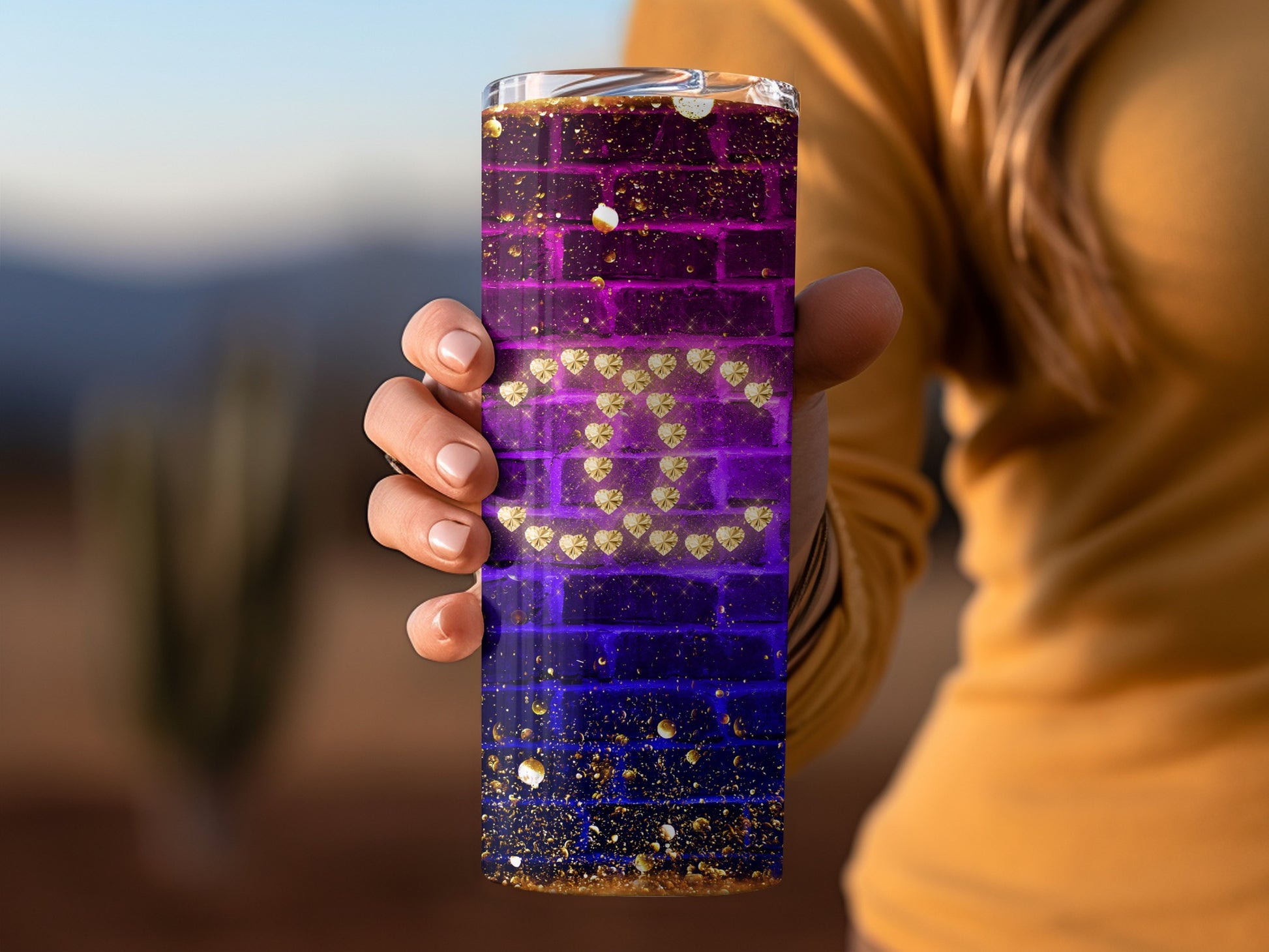 Purple and Gold Glitter Brick Patterned Tumbler
