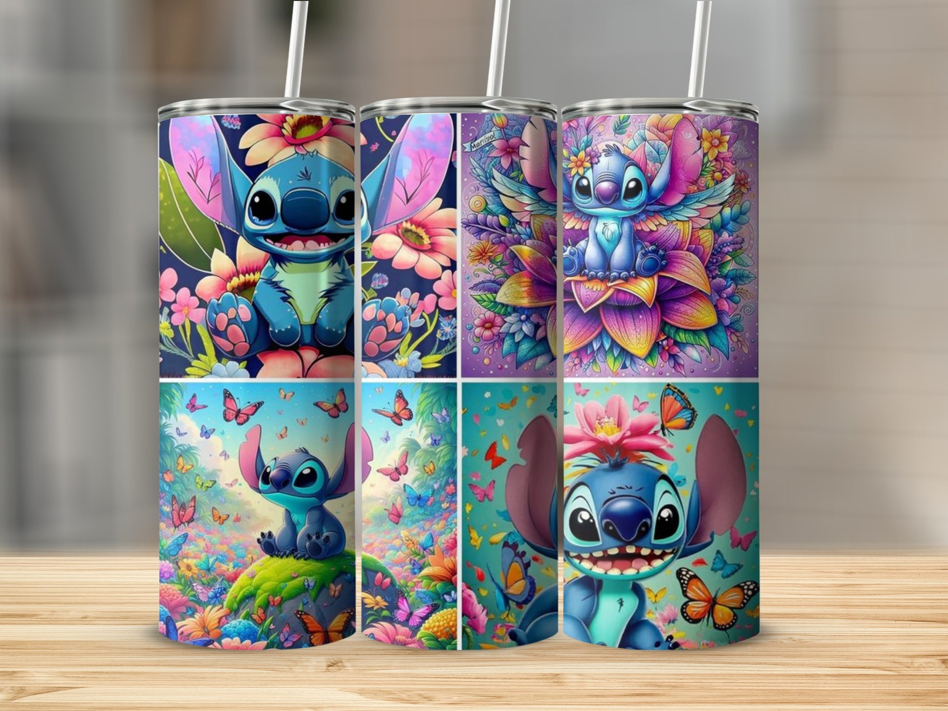 Adorable Blue Alien with Flowers and Butterflies Tumbler