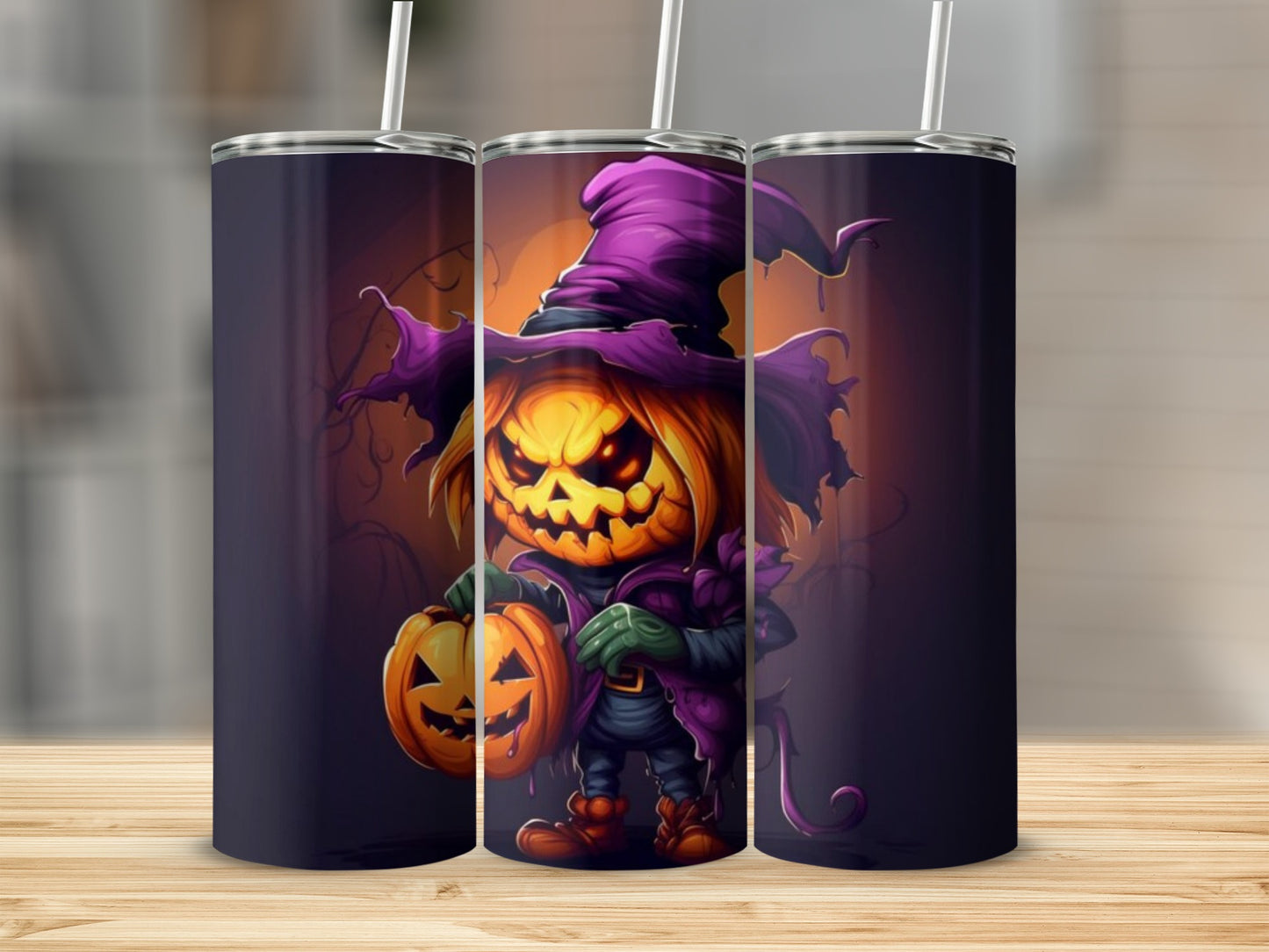 Three tumblers with a cartoon pumpkin character in a witch hat holding a pumpkin.