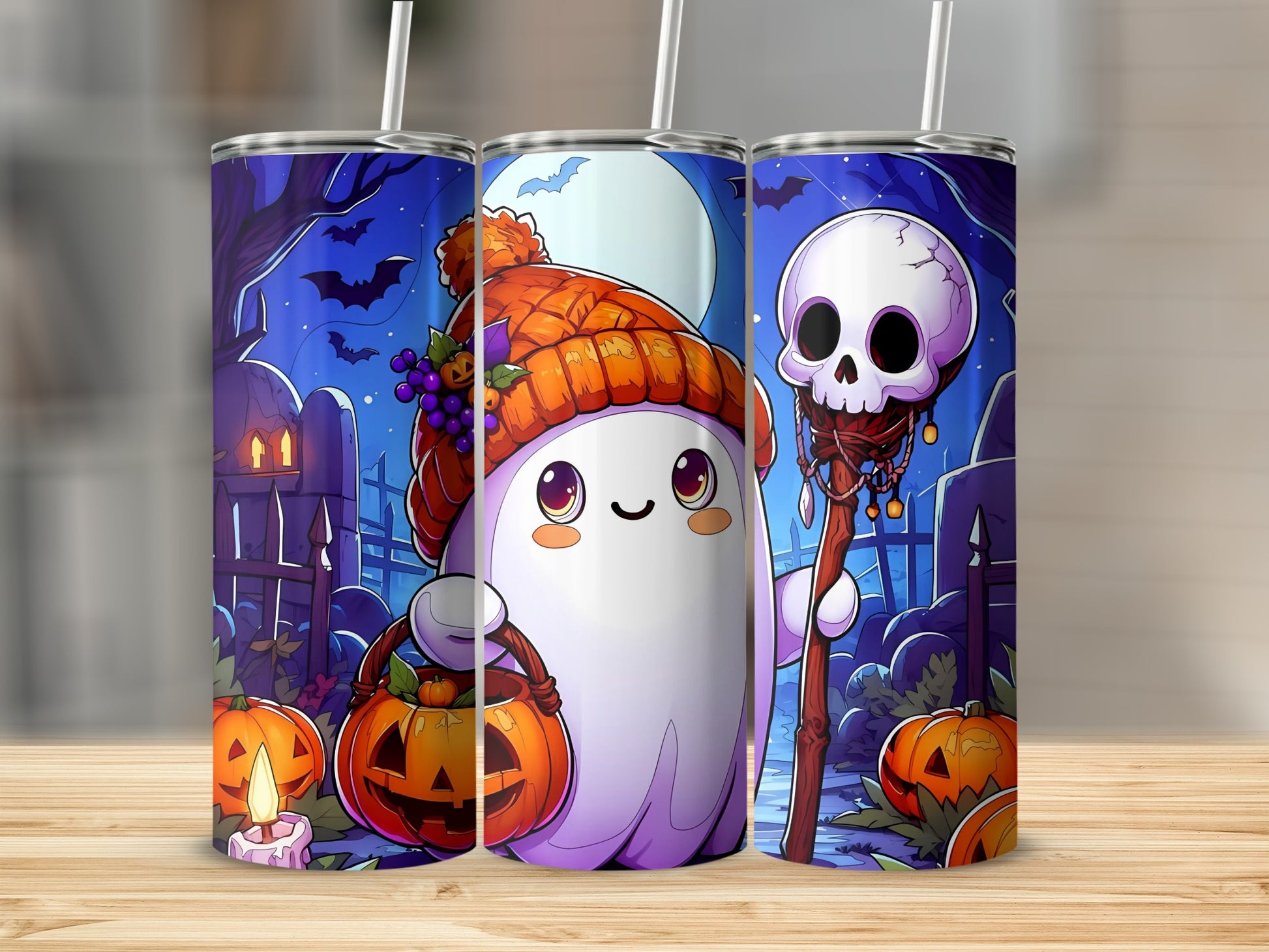 Cute ghost with candy basket and skull staff on Halloween graveyard background.