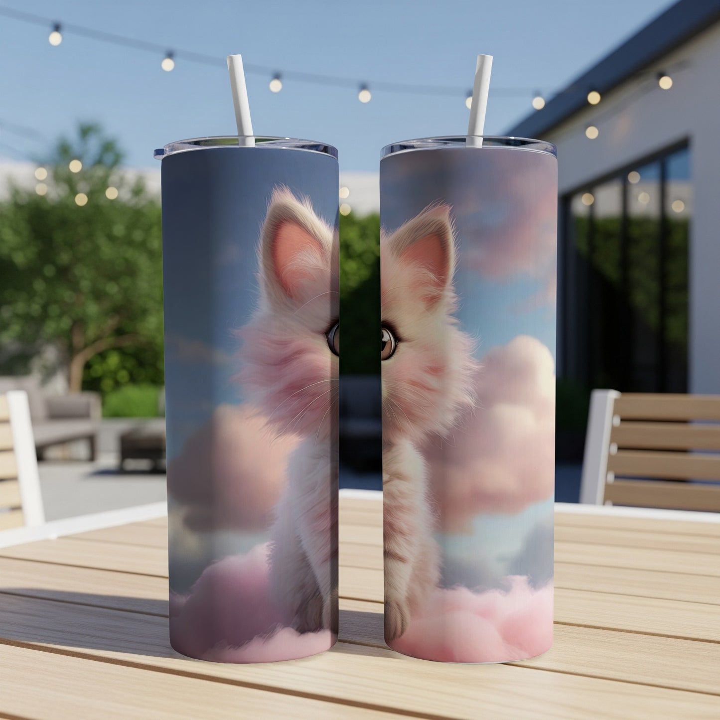 Two tumblers featuring a cute white cat peeking from behind pink clouds.