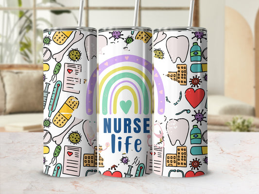 Nurse Life tumbler with medical icons and rainbow design.