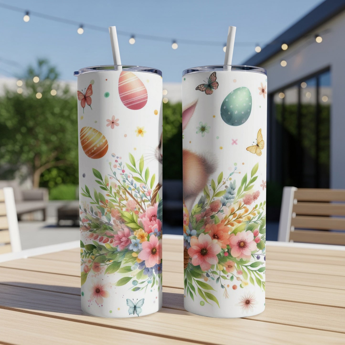 Easter bunny and floral pattern on two white tumblers with straws.