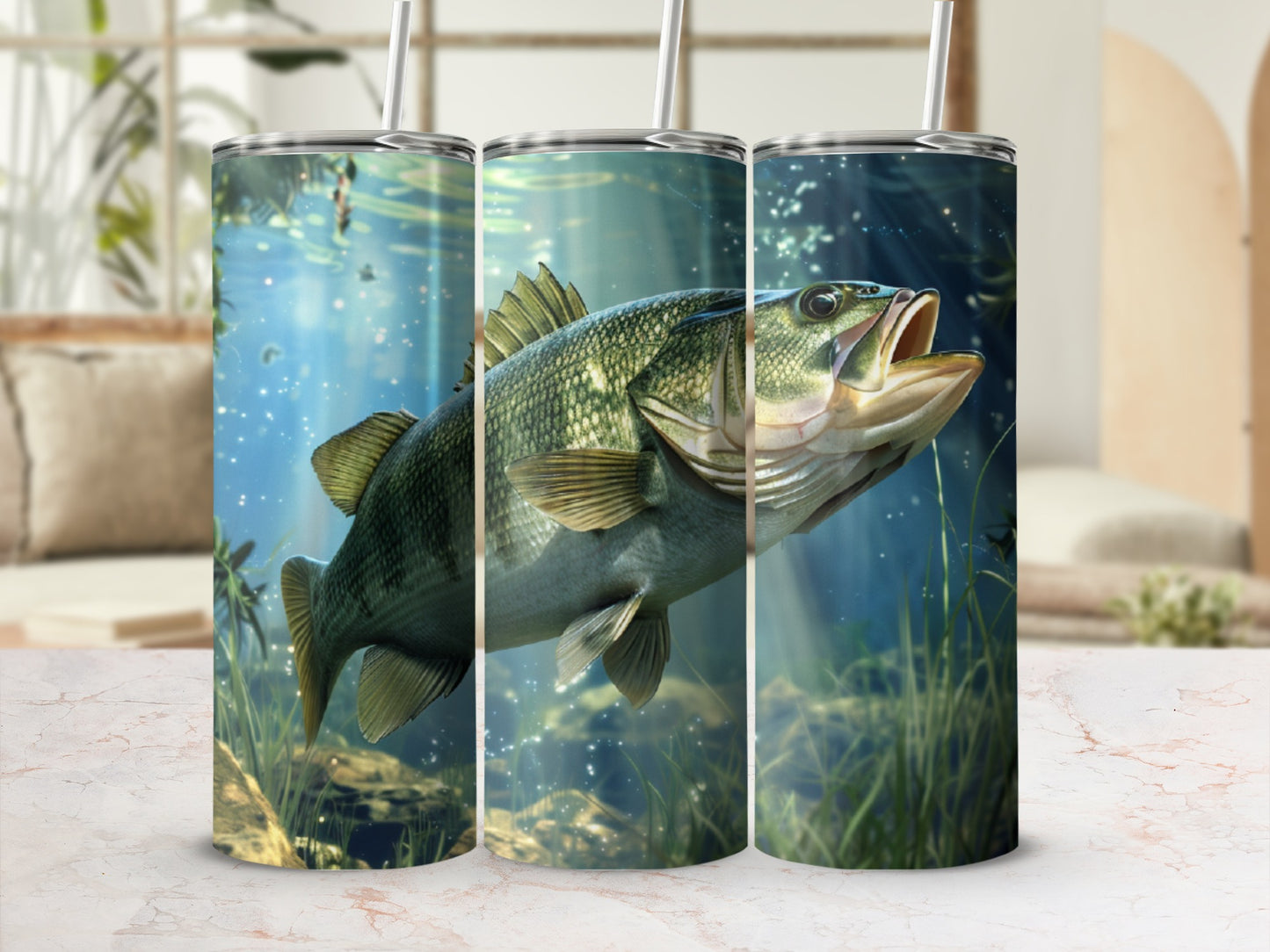 Largemouth bass underwater with sunbeams, on a tumbler.