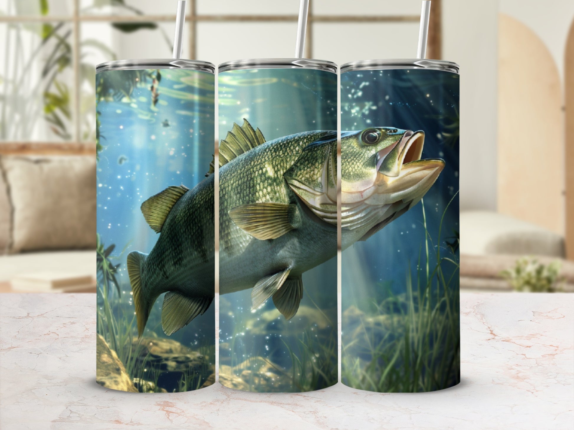 Largemouth bass underwater with sunbeams, on a tumbler.
