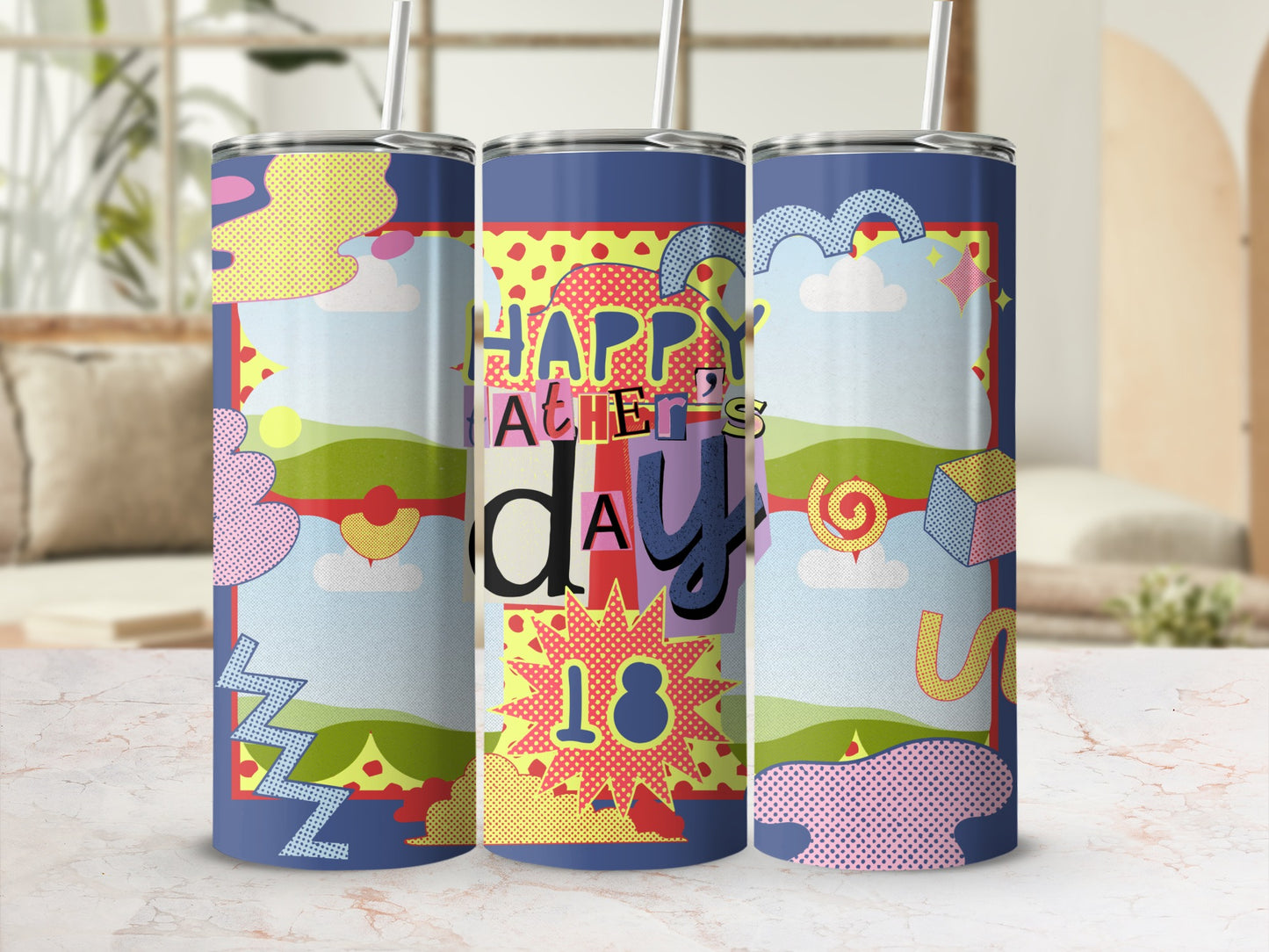 Three tumblers with colorful "Happy Father's Day" text and playful graphics.