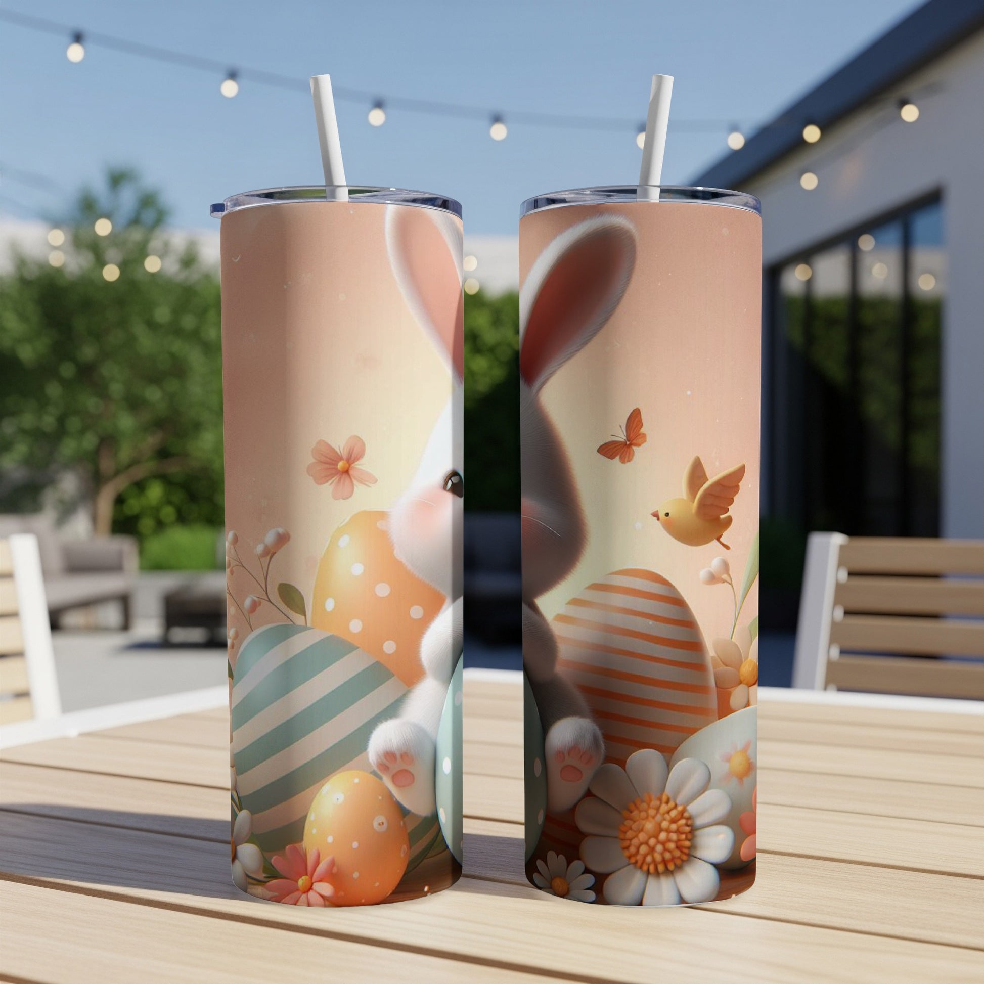 Easter bunny and eggs on tumblers with floral background.
