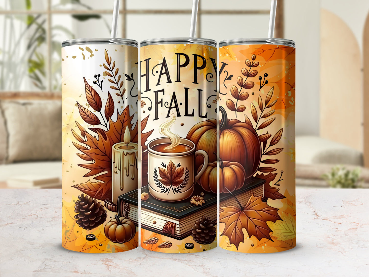 Fall-Themed Tumbler with Pumpkin and Leaves Design