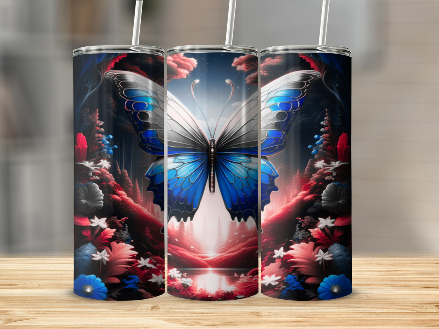 Blue butterfly in surreal landscape with red foliage and flowers.