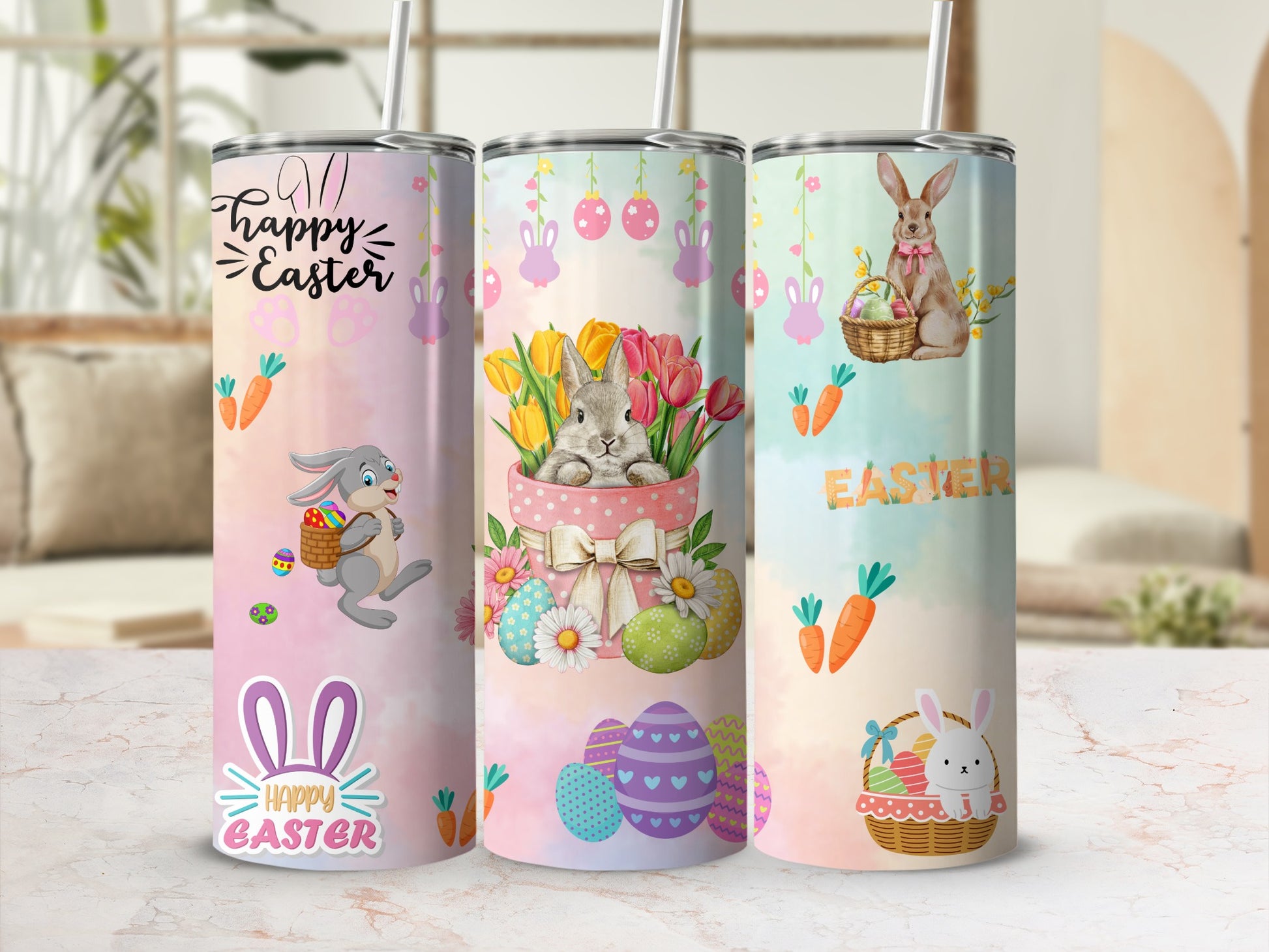 Colorful Easter Themed Tumblers with Cute Bunny Designs